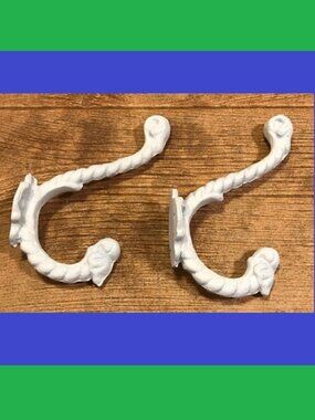 2 White Cast Iron Rope Wall Hook 7" long Protrudes 4 3/4" & 3 1/2" Two (2) 01209